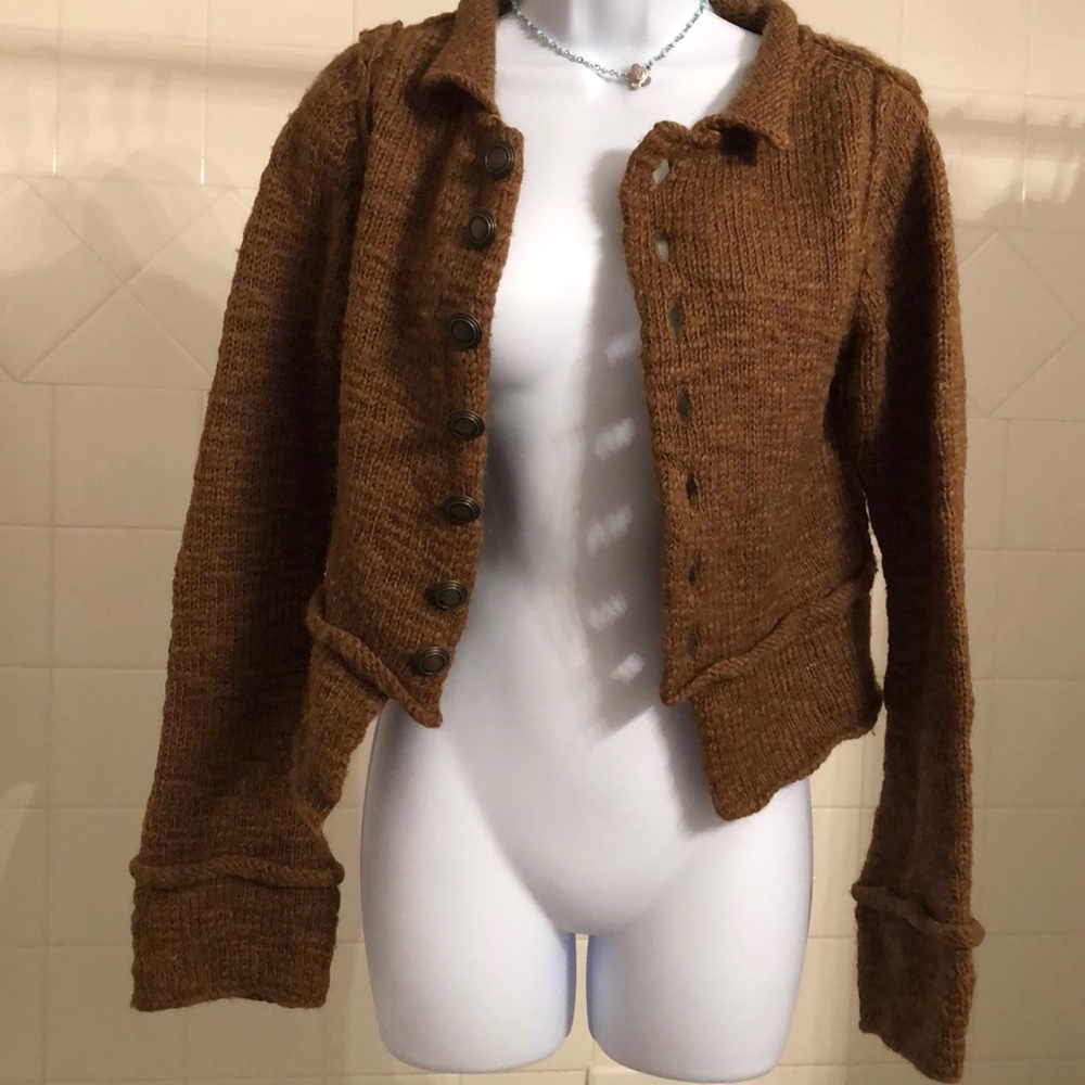 Free People Wool Brown Button Long Sleeve Sweater - Picture 4 of 9